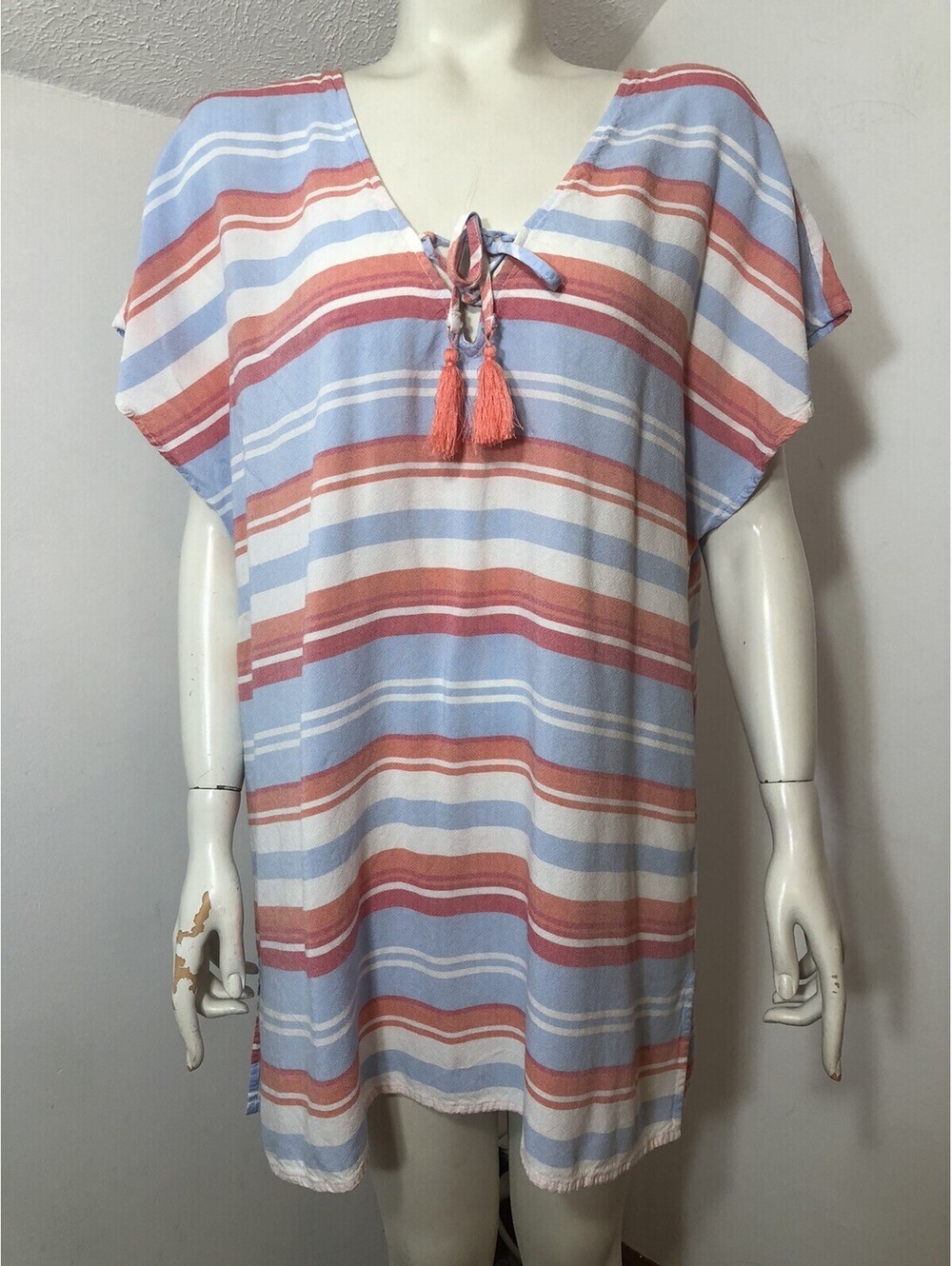 Kona Sol Womens Large V Neck Striped Swim Cover Cap Sleeves Red White Blue Tie